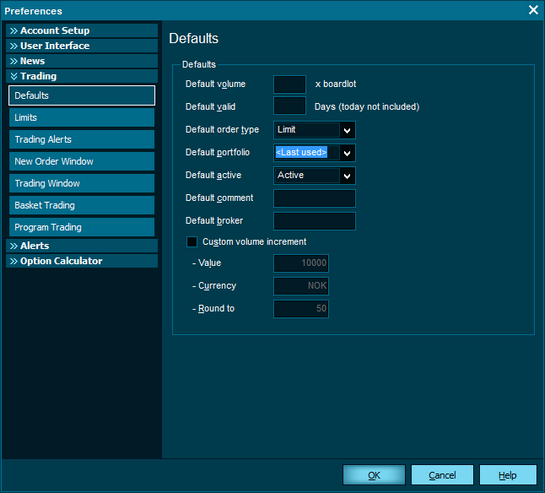 Trading settings Nordlys